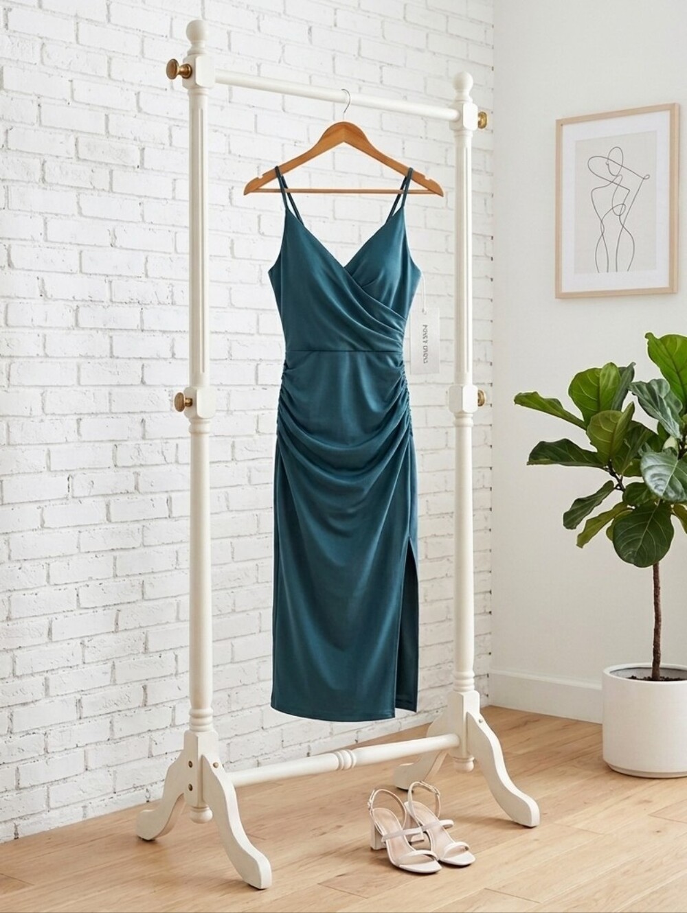 Teal Ruched Wrap Midi Dress - Unbranded